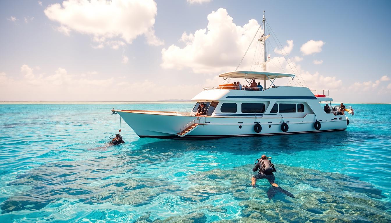 Cayman Islands Liveaboard Diving vessel anchored near a coral reef with crystal clear turquoise waters