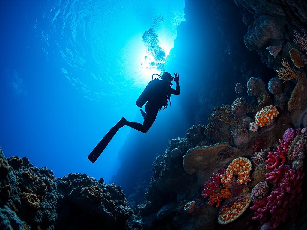 Diver exploring a wall dive in the Cayman Islands with exceptional visibility Diver exploring a wall dive in the Cayman Islands with exceptional visibility