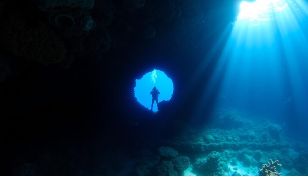 Diver swimming through the spectacular swim-throughs at Trinity Caves in Grand Cayman Diver swimming through the spectacular swim-throughs at Trinity Caves in Grand Cayman