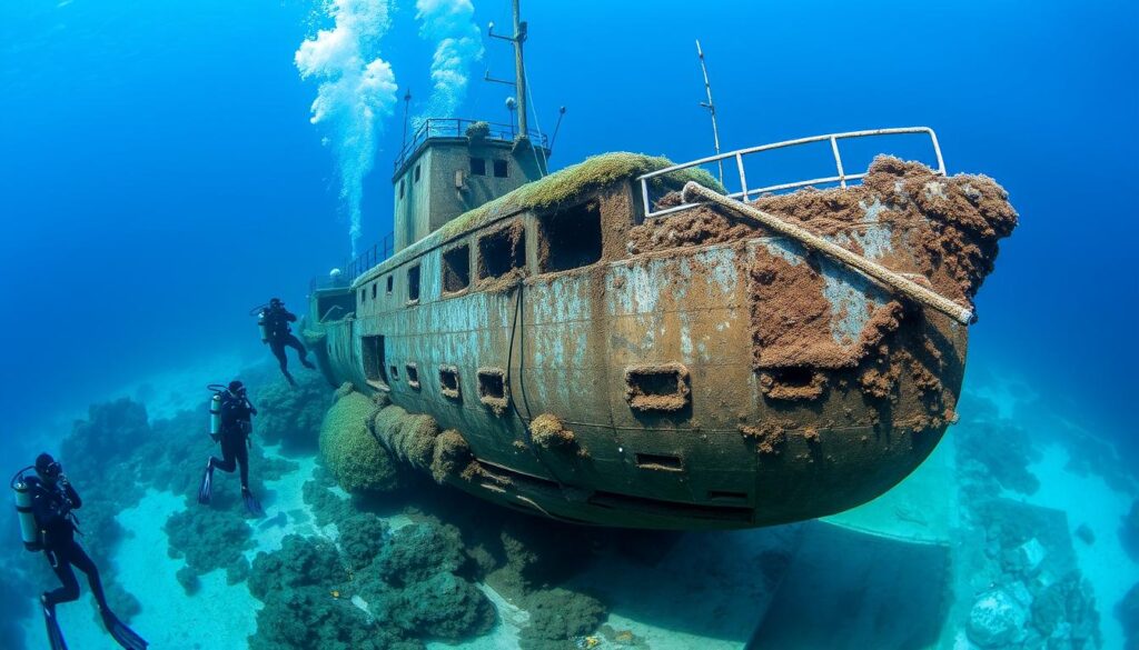 Divers exploring the USS Kittiwake wreck during a Cayman Islands liveaboard diving expedition Divers exploring the USS Kittiwake wreck during a Cayman Islands liveaboard diving expedition