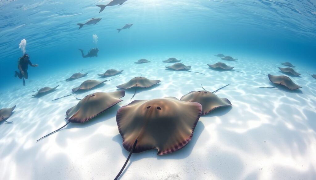 Divers interacting with friendly stingrays at Stingray City, a highlight of Cayman Islands liveaboard diving Divers interacting with friendly stingrays at Stingray City, a highlight of Cayman Islands liveaboard diving