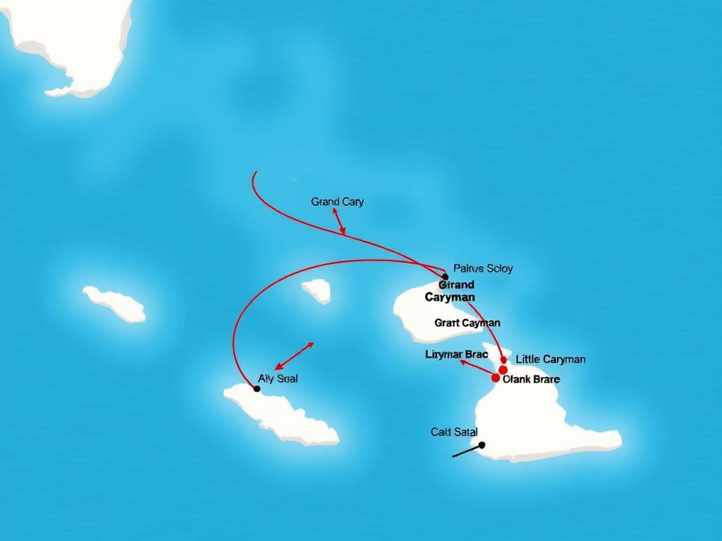 Map showing the three Cayman Islands and their proximity for liveaboard diving routes Map showing the three Cayman Islands and their proximity for liveaboard diving routes