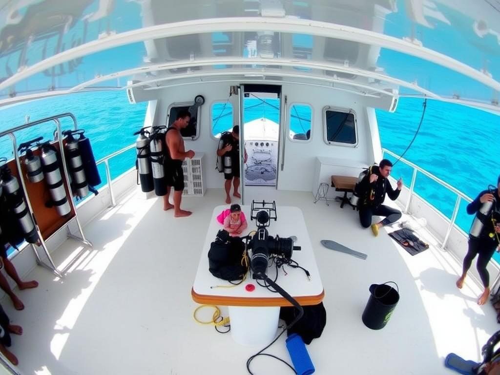 Organized dive deck on a Cayman Islands liveaboard vessel Organized dive deck on a Cayman Islands liveaboard vessel