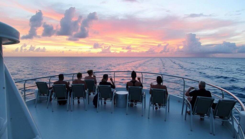 Sunset view from a Cayman Islands liveaboard vessel with divers relaxing on deck Sunset view from a Cayman Islands liveaboard vessel with divers relaxing on deck
